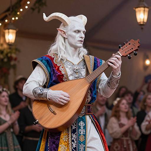 Photograph of a white-skinned, horned, white-haired elven musician with pointed ears, wearing ornate medieval attire, playing a wooden l