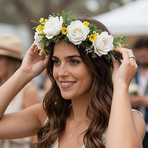 Photograph of a smiling woman with long brown hair, wearing a white and yellow flower crown, adjusting it with both hands. Blurred outdoor background.