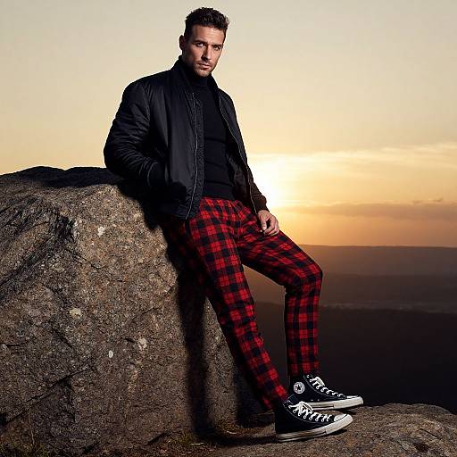 Photograph of a bearded man in black jacket, red plaid pants, and black sneakers, leaning on a rock at sunset.