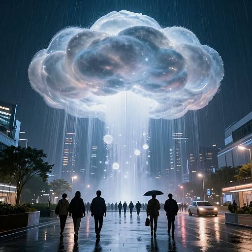 Photograph of a futuristic city night scene with a glowing, cloud-like light sculpture raining down, silhouetted people walking, and rain reflecting on