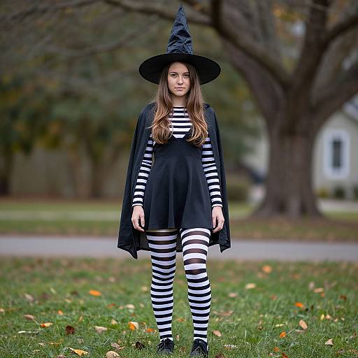 Photograph of a young girl with long brown hair, wearing a black witch hat, black cape, black dress, and black-and-white striped leggings,