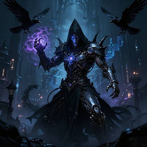 Cybernetic Sorcerer in Dark Fantasy City