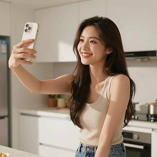 Young Woman Taking Selfie in Modern Kitchen