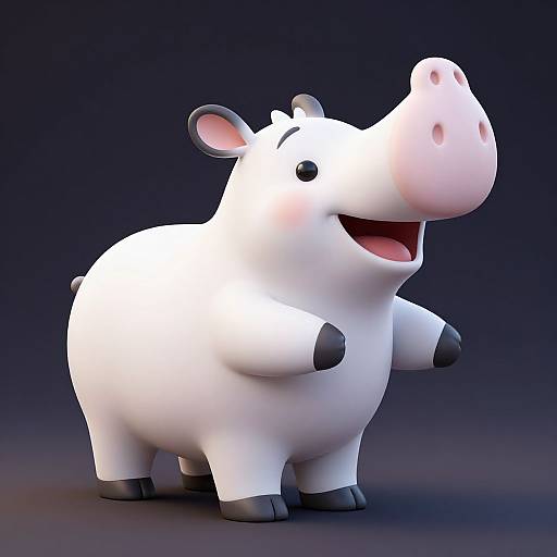 CGI cartoon white hippo with a smiling face, black ears, and hooves, standing against a dark gradient background.