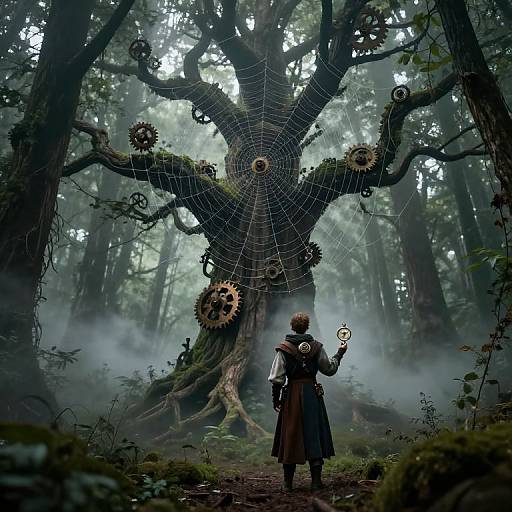 Photograph-style digital art: A forest dweller with a staff and backpack faces a massive, gear-adorned spider-webbed tree in a mist