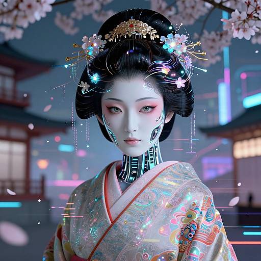 Digital artwork of a futuristic geisha with cybernetic features, wearing a traditional kimono, adorned with glowing floral hairpieces, standing under cherry bloss