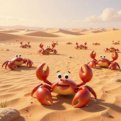 Cartoon red crabs with large eyes in a sunny, sandy desert with rolling dunes and scattered rocks, digitally illustrated.