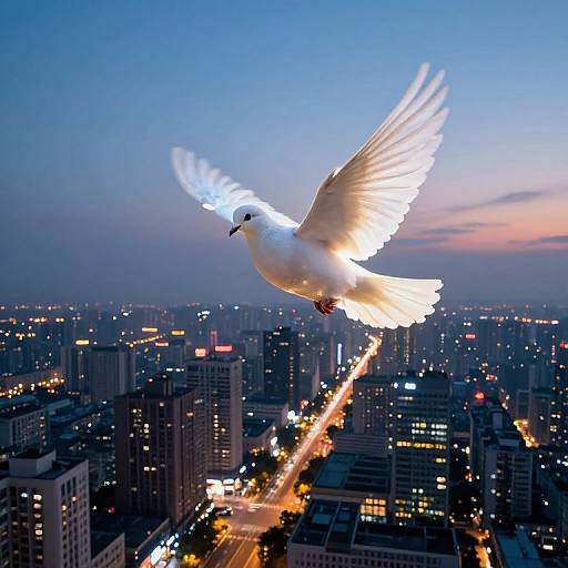 Photograph of a white dove with glowing wings flying above a cityscape at dusk, illuminated streets and buildings in the background.