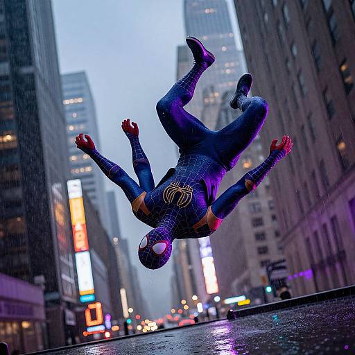 Photograph of Spider-Man in a blue, purple-spotted suit, upside-down mid-leap on a wet, urban street at dusk, with neon
