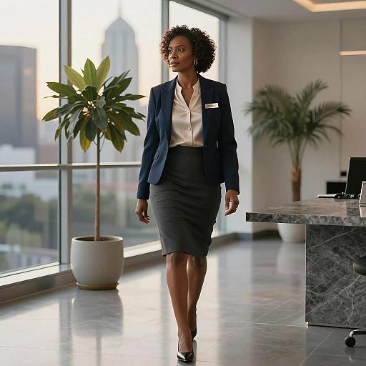 Confident Black Female CEO Walking in Modern Office