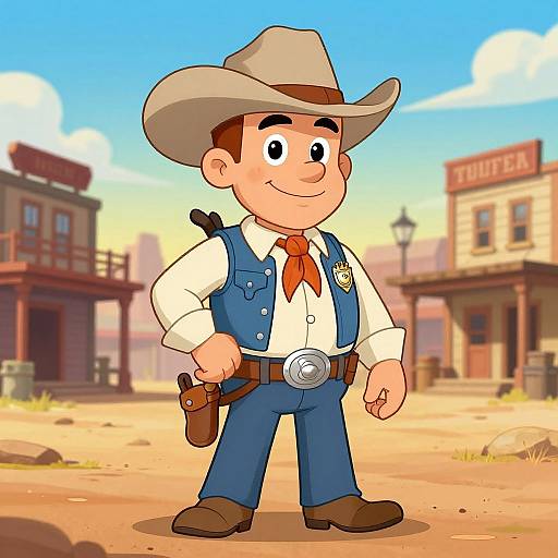Cartoon cowboy in blue vest, white shirt, red tie, brown boots, and white hat, holding holster, stands in sunny Western town.