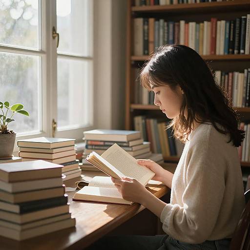 Photograph of a young woman with dark hair, wearing a white sweater, reading a book at a sunlit library table, surrounded by stacked books and