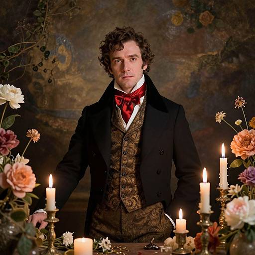 Photograph of a curly-haired man in Victorian attire with a red cravat, surrounded by lit candles and colorful flowers, set against a dark,