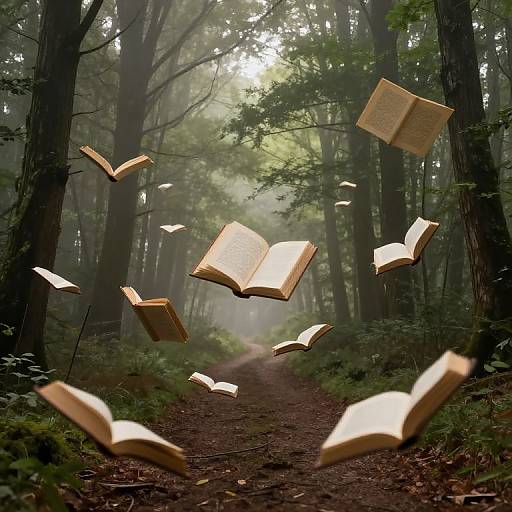 Floating Books in Misty Forest