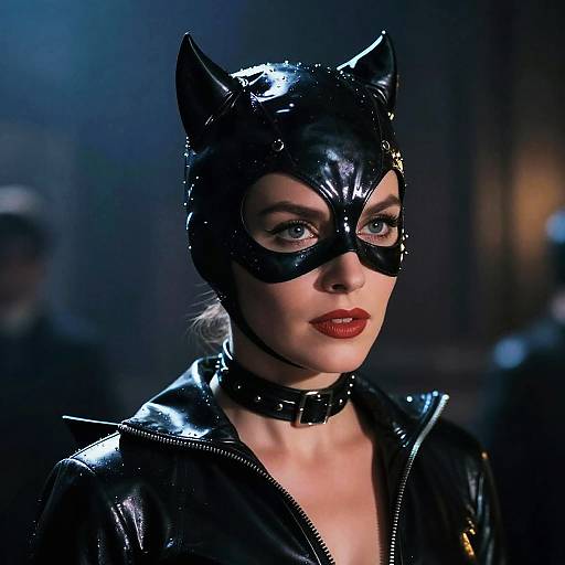 Photograph of a woman in a glossy black cat mask and leather outfit, red lipstick, dark eyes, dimly lit background.