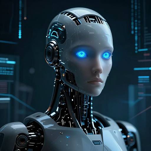 Photorealistic CGI of a futuristic, silver humanoid robot with glowing blue eyes, set against a dark, high-tech laboratory background.