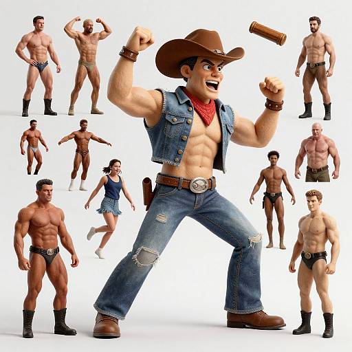 CGI image of muscular, cartoonish cowboy in denim vest and jeans, flinging a revolver, surrounded by various shirtless, muscular men in various