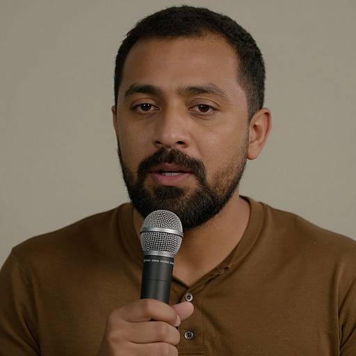 Photograph of a bearded, dark-skinned man with short black hair, wearing a brown henley shirt, holding a microphone against a plain white