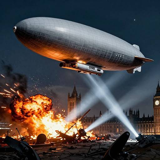 Photograph of a silver zeppelin with 