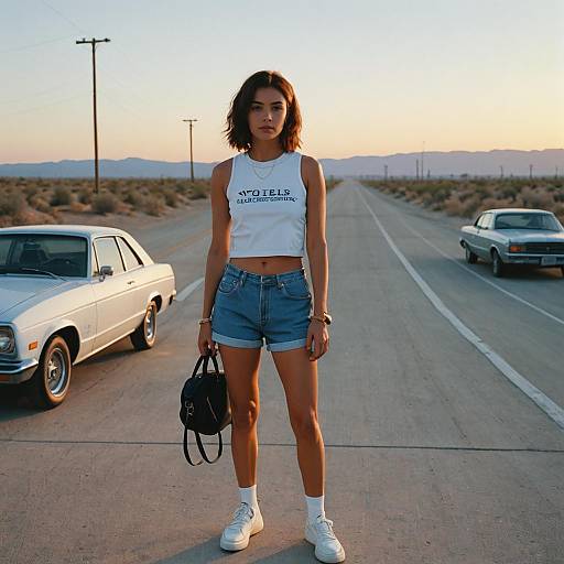 Young Woman in Casual Summer Outfit on Desert Road