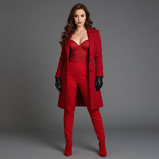 Photograph of a confident woman with long dark hair, wearing a red, sheer bust bodysuit, matching red coat, pants, and black gloves
