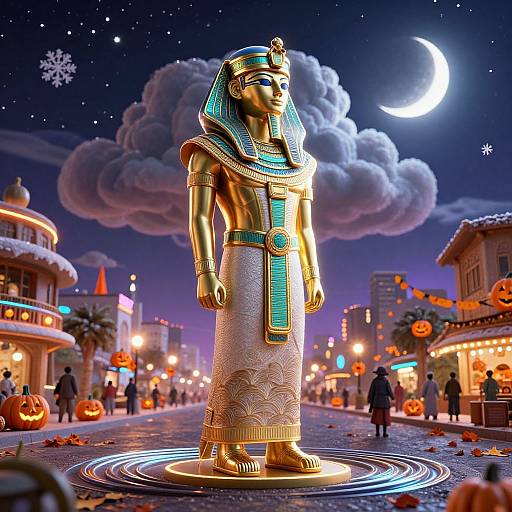 Digital artwork of a golden Anubis statue in an illuminated, Halloween-themed ancient Egyptian street, under a crescent moon and starry sky.