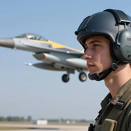 Young Man in Helmet with Fighter Jet