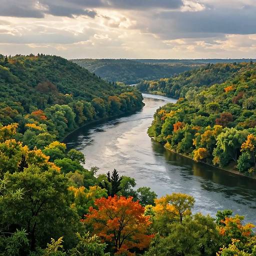 Photograph of a winding river through a lush, colorful forest with vibrant autumn foliage, under a partly cloudy sky.