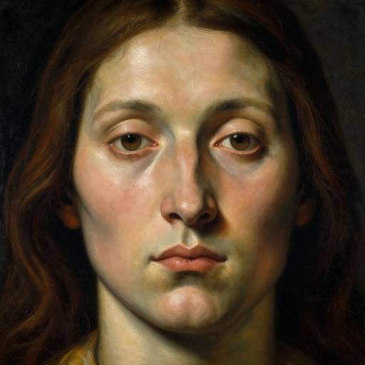 Realistic digital portrait of a young woman with fair skin, brown eyes, and brown hair, set against a dark background.