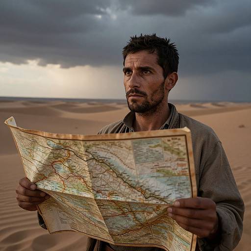 Photograph of a bearded man with dark hair and stubble, holding a detailed map in a desert under a stormy sky.