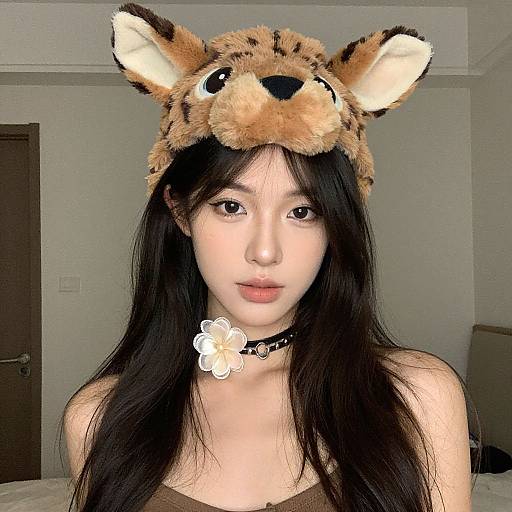 Asian woman with long black hair wearing a tiger-eared hat and flower choker, in a plain bedroom. Photo.