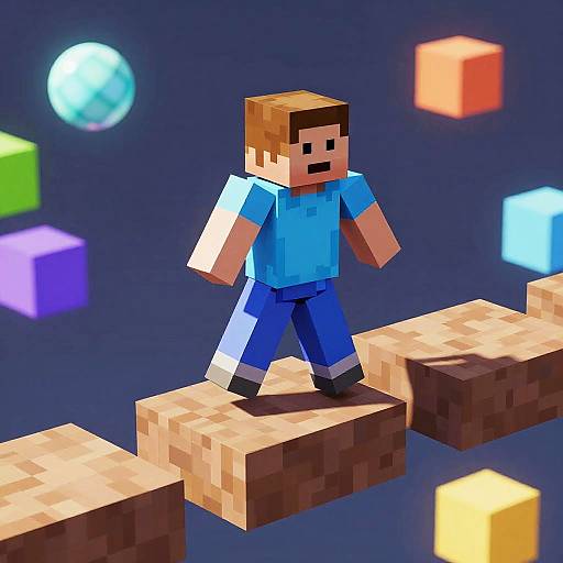 Pixel art of a blocky character in a blue shirt and blue pants stepping on beige blocks, surrounded by colorful floating cubes.