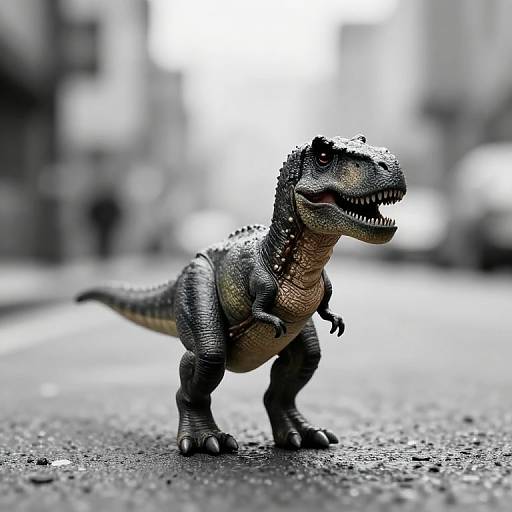 Photograph of a small, detailed, black and green plastic T-Rex toy standing on a blurred, gray urban street background.