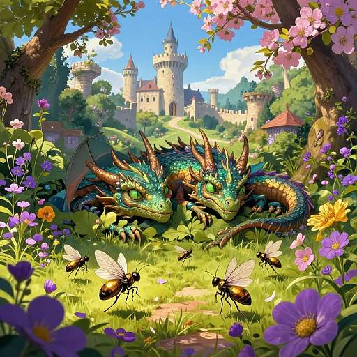 Digital fantasy artwork: Vibrant dragon with green scales and horns rests in sunlit, colorful flower meadow, surrounded by bees and medieval castle in background