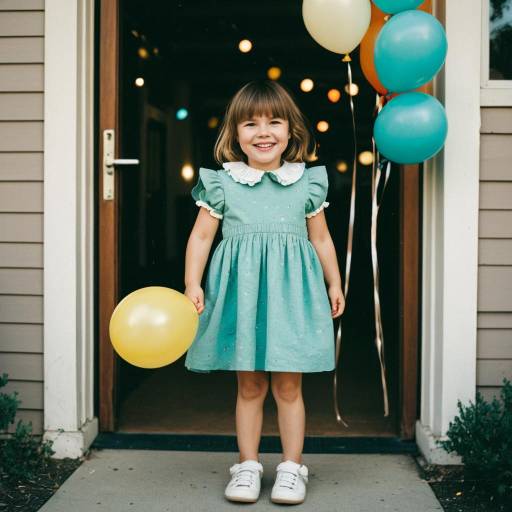 Smiling Toddler Girl in Aqua Dress with Balloons