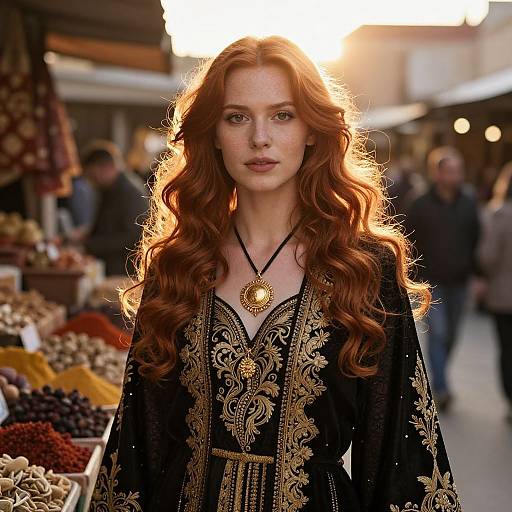 Photograph of a red-haired woman with long, wavy hair wearing an ornate black and gold dress, standing in a bustling market with sunlight behind
