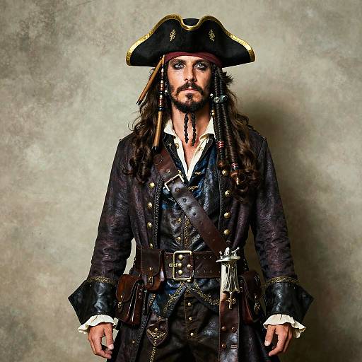 Photograph of a bearded man with long hair, wearing a black tricorn hat, dark leather pirate coat, white shirt, and brown belt,