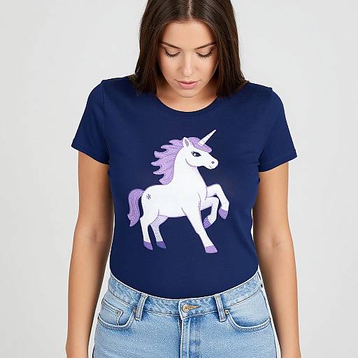 Photograph of a young woman with straight brown hair wearing a navy blue t-shirt with a white unicorn graphic and light blue jeans, looking down against a