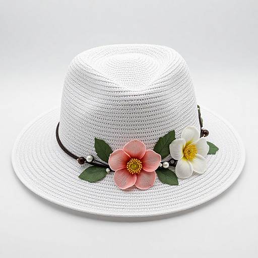 White Summer Hat with Flowers
