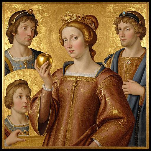 Renaissance-style painting of a fair-skinned woman with red hair, wearing an ornate brown dress, holding a golden apple, surrounded by three