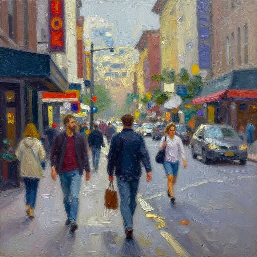 Oil Painting of Bustling City Street