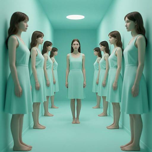 Photograph of a barefoot woman in a white dress standing in the center of a bright, teal-lit corridor, flanked by six women in