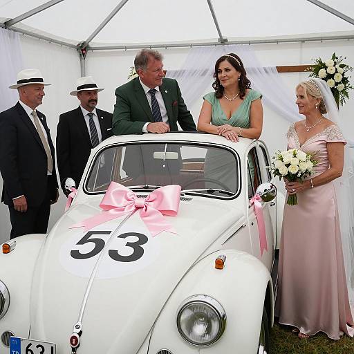 Vintage Wedding Car with Bride and Guests