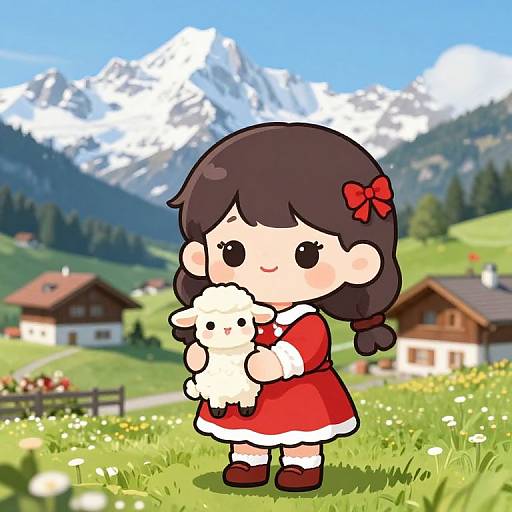 Digital anime-style drawing of a cute girl with brown hair and red bow, wearing a red dress, holding a fluffy white sheep, in a sunny al