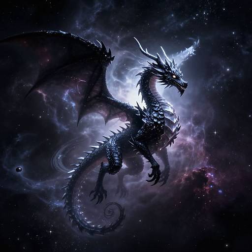 Digital artwork of a glowing, black-scaled dragon with spiked armor and wings, floating in a cosmic, star-filled, nebula-filled background.