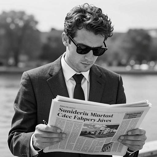 Man in Suit Reading Newspaper Outdoors