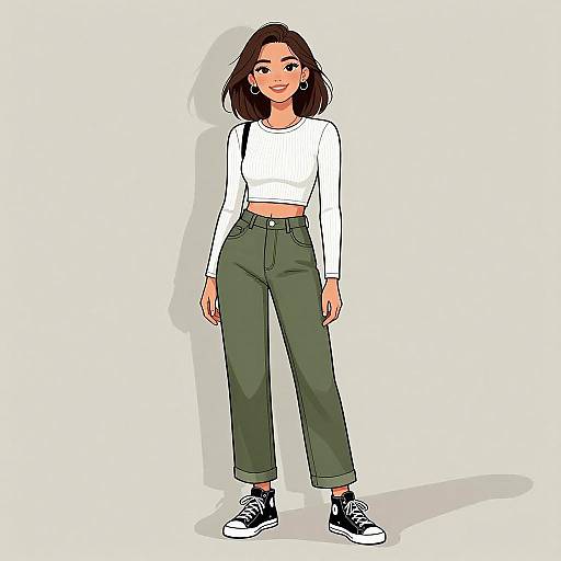 Digital illustration of a smiling young woman with shoulder-length brown hair, wearing a white crop top, green high-waisted pants, and black sneakers,