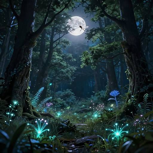 Digital artwork of a mystical forest at night, illuminated by glowing blue and purple fireflies, with a full moon shining through dense trees.