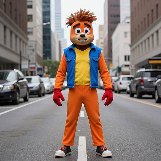 Photograph of a person in an orange and blue cartoon mascot costume with red gloves, standing on a busy city street.