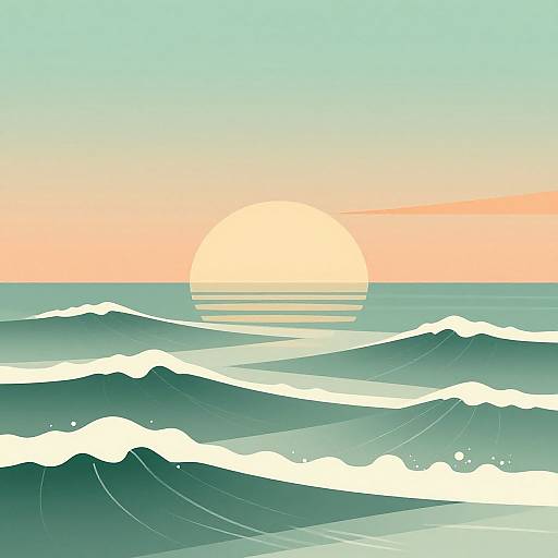 Digital illustration of a serene sunset over teal ocean waves, with a large, glowing sun partially submerged in the horizon.